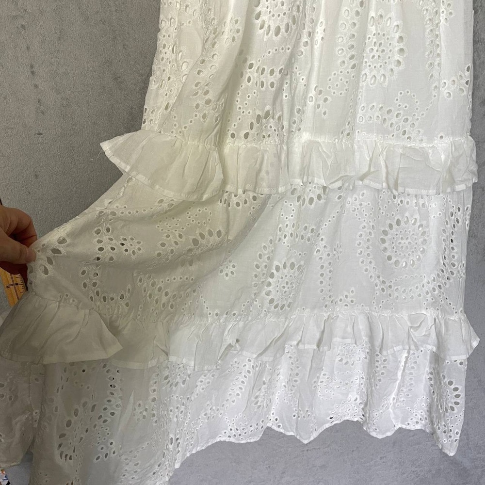 AURA White Cotton Eyelet Tiered Ruffle Smocked Maxi Dress M Cottagecore - Picture 7 of 7